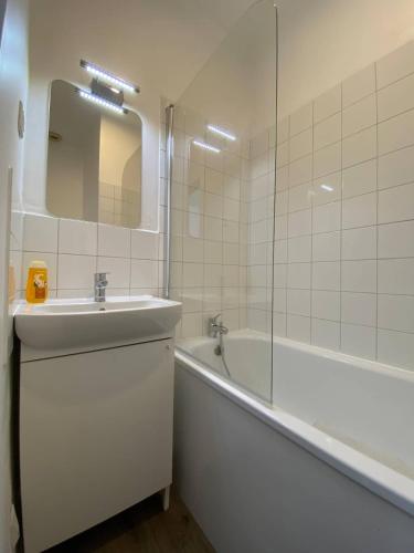 une salle de bain avec un lavabo, une baignoire et un miroir dans l'établissement L'Appart Élevé Idéalement situé, à Boulogne-sur-Mer