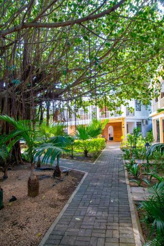 a park with a bench and trees and a building at The Garden Lodge Pereybere - Piscine & Jardin in Pereybere