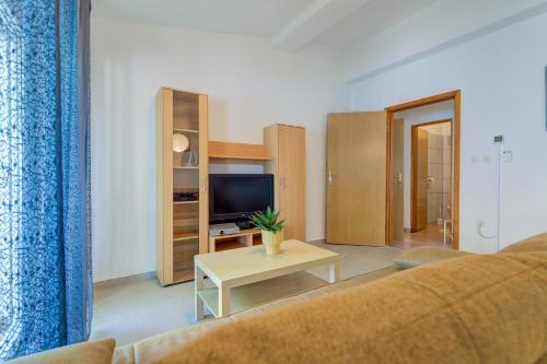 a living room with a couch and a tv at Vila DADA 2 in Senj