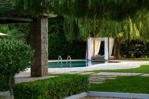 a pool with a mirror and a chair next to it at Villa Black White Dassia in Dassia