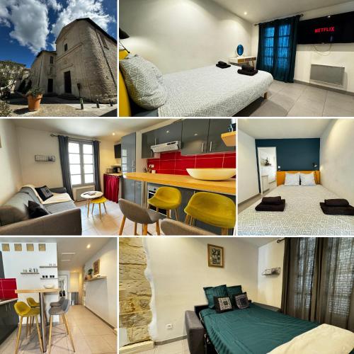 un collage de photos d'une chambre d'hôtel dans l'établissement Le Cocon Citadin - Parking Gratuit à 500 m - 2 Smart TV, à Avignon
