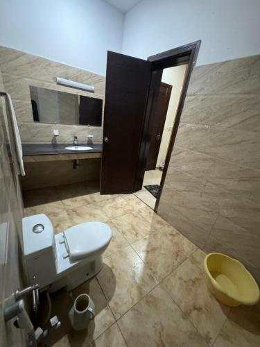 a bathroom with a toilet and a sink and a mirror at Millat Guest House F10-4 in Islamabad