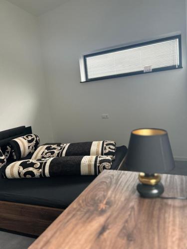 a living room with a couch and a table with a lamp at Apart das Ehrets mit 3 Schlafzimmer in Bretzfeld