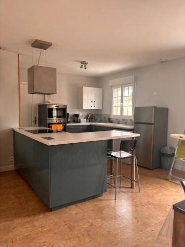 une grande cuisine avec une grande île au milieu dans l'établissement La maison Opale, 10 mn du Zoo de Beauval, à Saint-Romain-sur-Cher