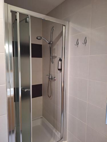 a shower with a glass door in a bathroom at Ośrodek Szkoleniowo-Wypoczynkowy "Leśnik" in Ustka