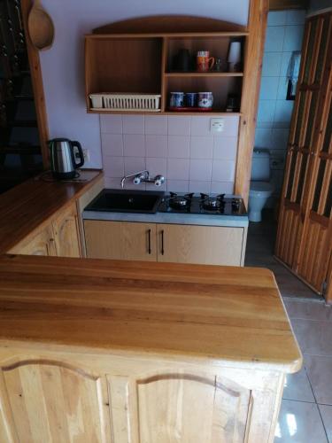 a small kitchen with a sink and a stove at Agroturystyka Oczko in Ogonki