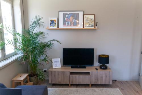 a living room with a television on a wooden table at dvnest - Premium 1BR Apartment with River View! in Porto