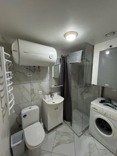 a bathroom with a toilet and a sink and a washing machine at Jaukus butas arti Šiaulių miesto in Šiauliai