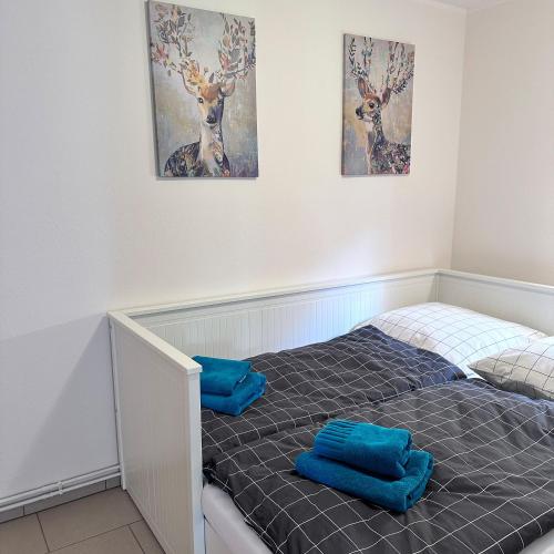 a bedroom with a bed with blue pillows on it at Landhäuschen Danneborth in Danneborth