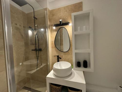 une salle de bain avec un lavabo et une douche dans l'établissement Studio vue mer Nouveau!, à Anglet