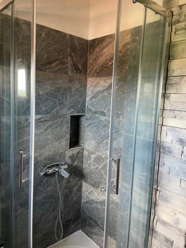 a shower with a glass door in a bathroom at Villa Kimberly in Rovinj