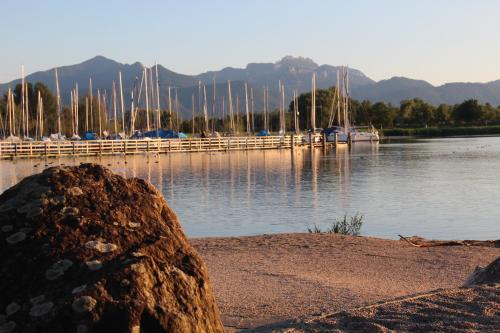 a group of boats are docked in a marina at Strandhaus Chiemsee in Übersee