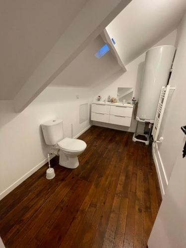 - une salle de bains mansardée avec toilettes dans l'établissement Maison Normandie Bretagne, à Saint-James