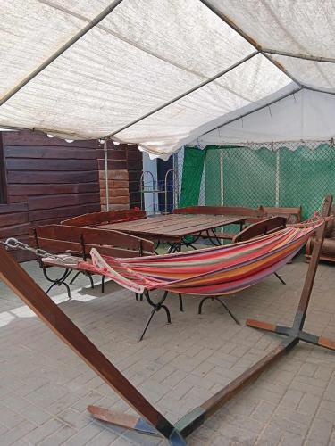 a hammock under a tent with tables and benches at Chata na Rogu in Boszkowo-Letnisko