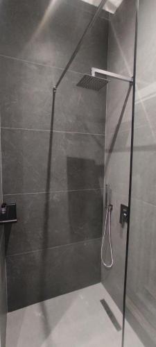 a shower with a glass door in a bathroom at Arvi Rooms in Lukovë
