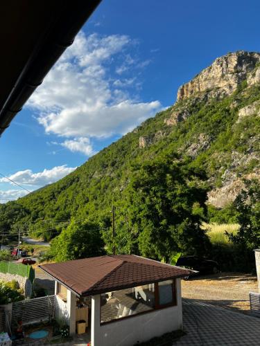 a building with a mountain in the background at Villa Marina in Ohrid