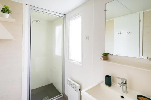 un baño con lavabo y espejo en Camping Les Oyats, en Seignosse