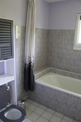 une salle de bain avec baignoire et toilettes dans l'établissement Maison de famille à la campagne proche de disneyland et paris, à Varinfroy