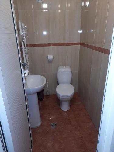 a small bathroom with a toilet and a sink at Къща за гости Сара in Velingrad