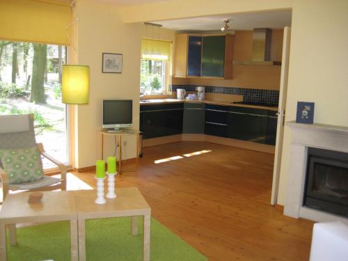a living room with a fireplace and a kitchen at Holiday Home 2-1 by Interhome in Lochem