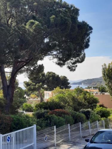 une voiture garée à côté d'une clôture blanche et d'un arbre dans l'établissement Studio thalie, à Bormes-les-Mimosas