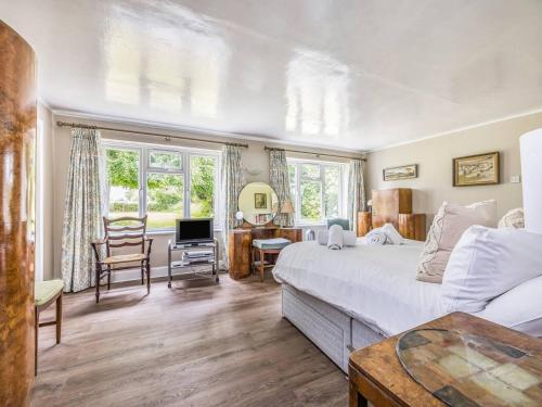 Un dormitorio con una cama, un escritorio y un televisor. en Charming Cottage With Amazing Views PassTheKeys, en Chichester