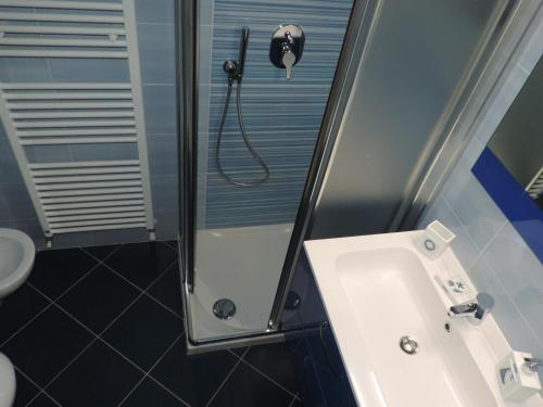 W łazience znajduje się prysznic i umywalka. w obiekcie B&B Villa Caterina w mieście Pescantina
