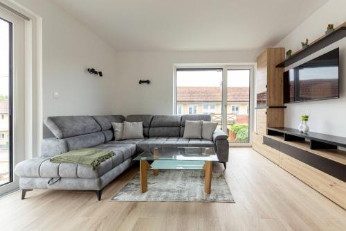 a living room with a gray couch and a glass table at Apartment Božica in Ljubljana
