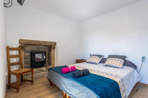 a bedroom with a bed and a fireplace at Chez Lili in Meslan