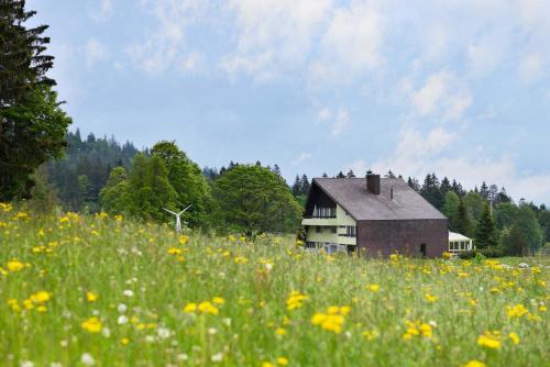 a house in a field with a field of flowers at B&B Mont-Crosin in Mont-Crosin