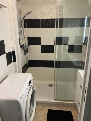 une salle de bain avec douche et machine à laver dans l'établissement Appartement 4 personnes avec terrasse et piscine proche plage et commerces, à La Grande Motte