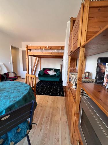 Cette chambre dispose de lits superposés et d'un canapé. dans l'établissement Charmant studio avec balcon à deux pas de Paris, à Ivry-sur-Seine