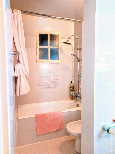 une salle de bain avec douche et toilettes et une fenêtre dans l'établissement Rosalie Cottage, à Beaurepaire