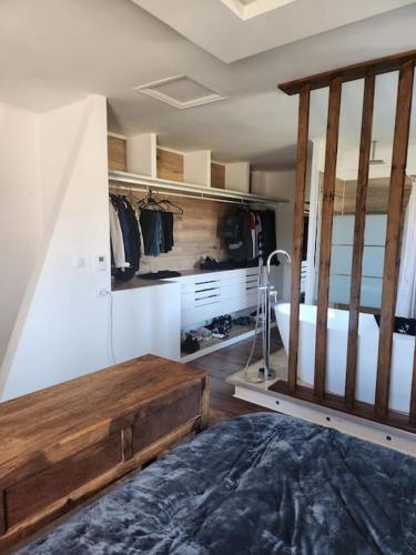 a room with a bed and a closet with clothes at L'Apt Tropez in Apt