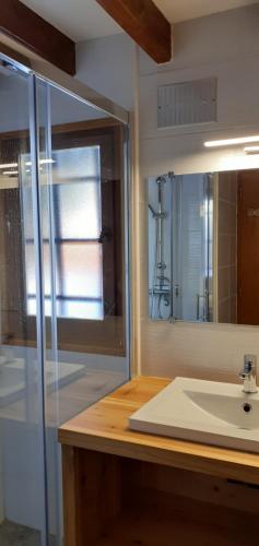 une salle de bain avec un lavabo et un miroir dans l'établissement Confortable Chalet Mitoyen, à Bolquère-Pyrénées 2000