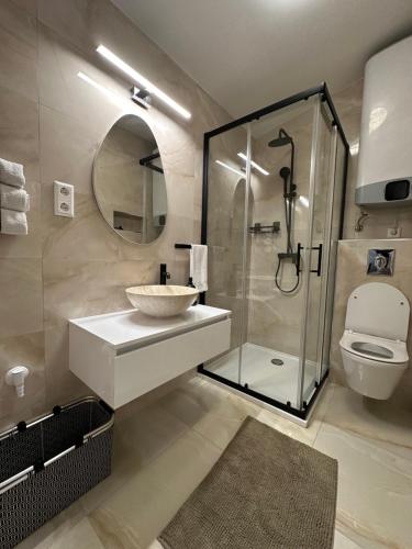 a bathroom with a sink and a shower and a toilet at Apartmani M&L in Medulin