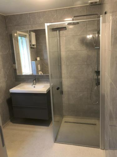 un bagno con doccia e lavandino di Juud a Steendam