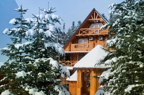 a log cabin in the woods covered in snow at Karpaty Migovo in Migovo