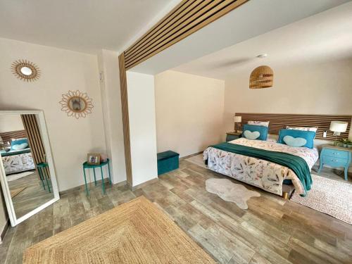 une chambre avec un lit avec des oreillers bleus et un miroir dans l'établissement Charmante Spacieuse, à La Chapelle-de-la-Tour