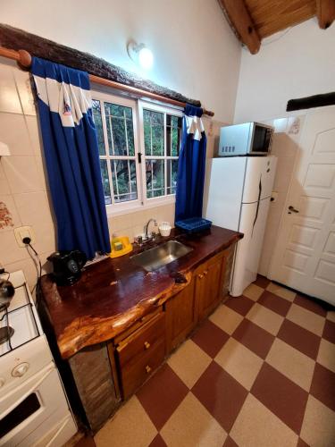 a kitchen with a sink and a refrigerator at cabañas Villa de las rosas in Villa de Las Rosas