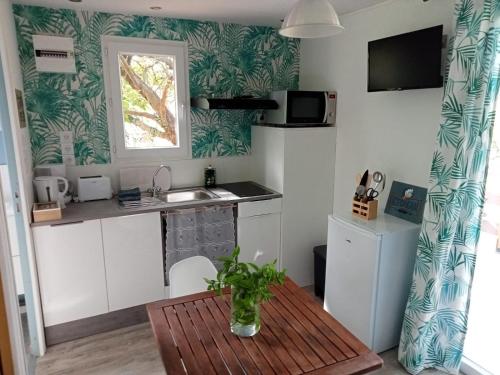 une petite cuisine avec une table et un évier dans l'établissement Gite Nature proche Honfleur, à Fatouville-Grestain