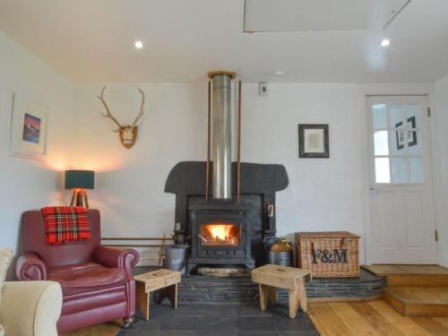 ein Wohnzimmer mit einem Kamin und einem roten Stuhl in der Unterkunft Holiday Home Easdale Cottage by Interhome in Oban