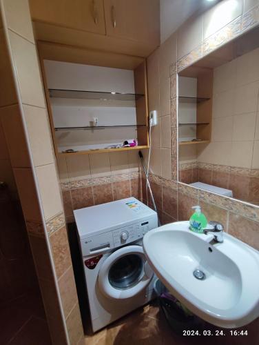 a bathroom with a washing machine and a sink at Diós Apartman Pécs in Pécs