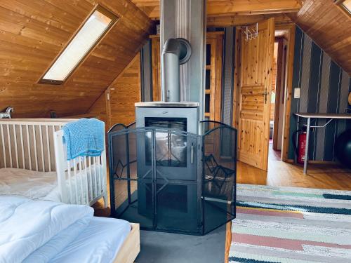 a room with a heater and a bed in a room at VillaHarmony wartet auf Familien mit Hund! in Lommatzsch