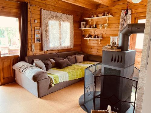 a living room with a couch and a stove at VillaHarmony wartet auf Familien mit Hund! in Lommatzsch