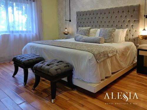 a bedroom with a large bed with a white bedspread at Alesia - Boutique Hotel & Spa in Aguascalientes