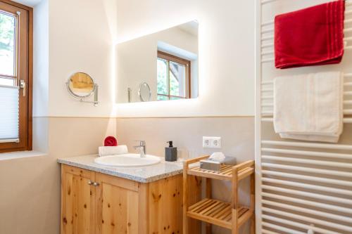 a bathroom with a sink and a mirror at Gutzingerhof in Bad Kleinkirchheim