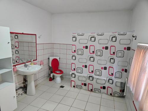 a bathroom with a toilet and a shower curtain at Cazare la mare Casa Realis Ovidiu in Ovidiu