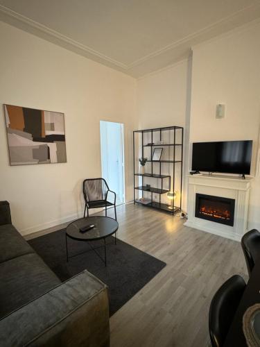 ein Wohnzimmer mit Couch und Kamin in der Unterkunft Appartement centre-ville Limoges in Limoges