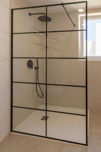 a glass shower door in a bathroom at La Lunita in Santa Eularia des Riu